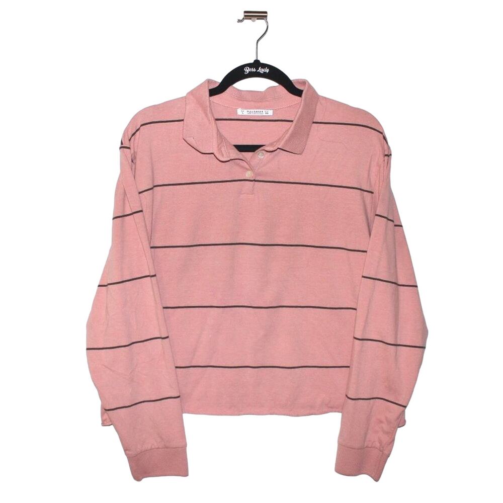 Pull & Bear Pink Cropped Collared Cozy Top Large